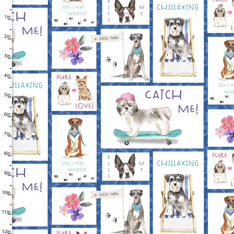A dogs life fabric with images of dogs and funny and cute phrases by 3 wishes fabrics