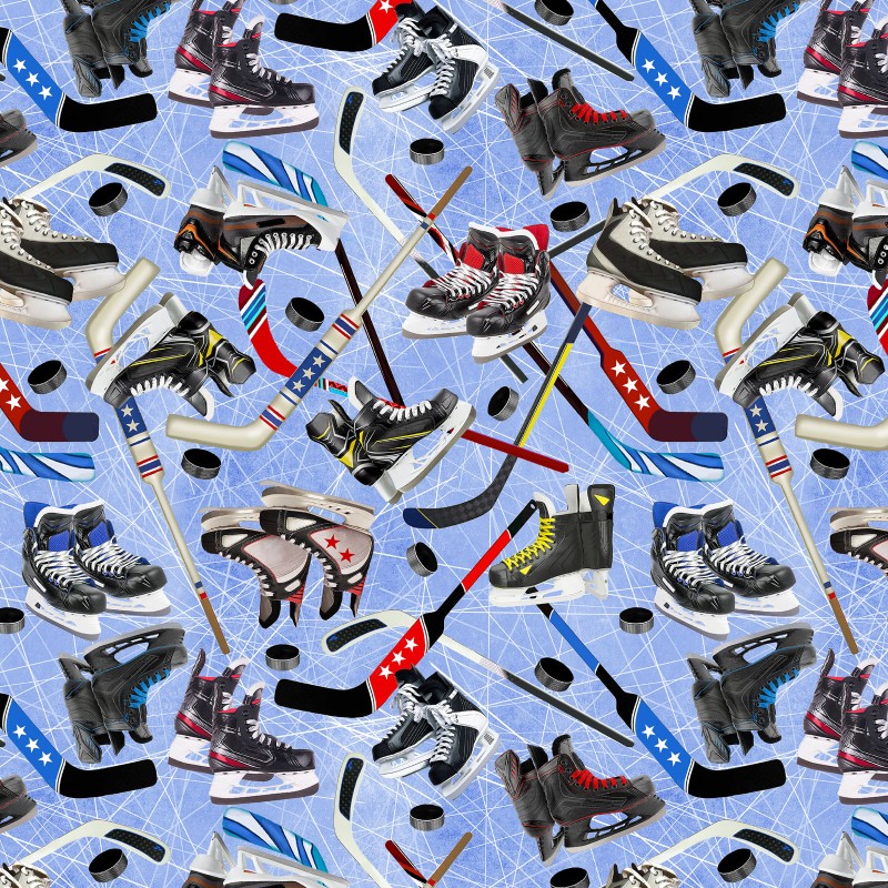 Skates and hockey sticks on fabric by Kanvas Studio