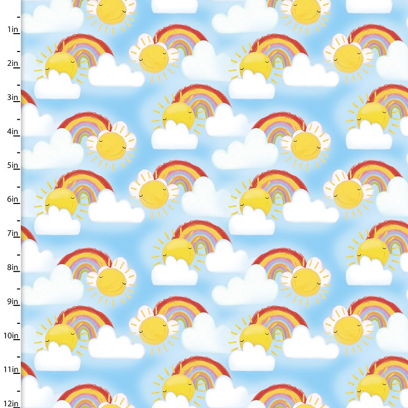 Flannel fabric with rainbows and clouds by 3 wishes fabrics from the welcome to the jungle collection