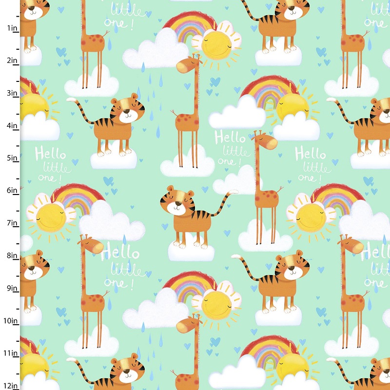 Flannel fabric with tigers, giraffes, the sun and rainbows by 3 wishes fabrics from the welcome to the jungle collection