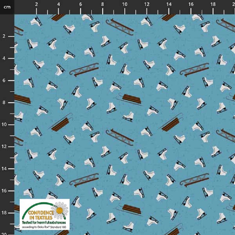 Teal background fabric with skates and sled by STOF fabrics